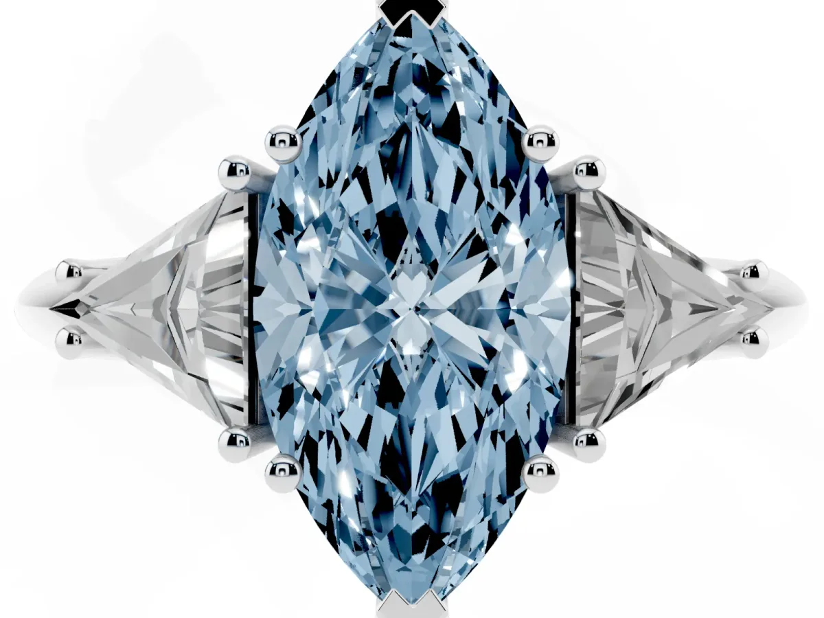 Fancy Blue Three-Stone Marquise Cut Diamond Engagement Ring with Trillion Side Stones and Prong Setting Silver