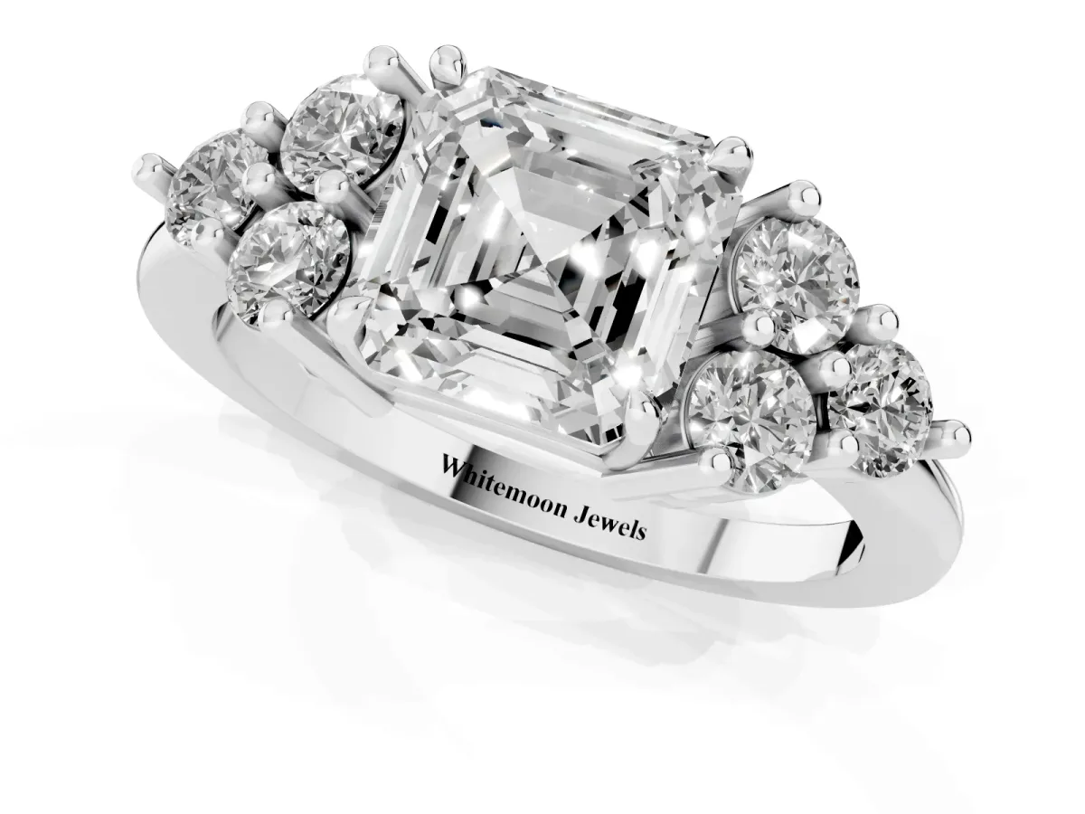 Asscher Cut Brilliant Diamond Cluster Accent Solitaire Ring with Prong Setting Platinum