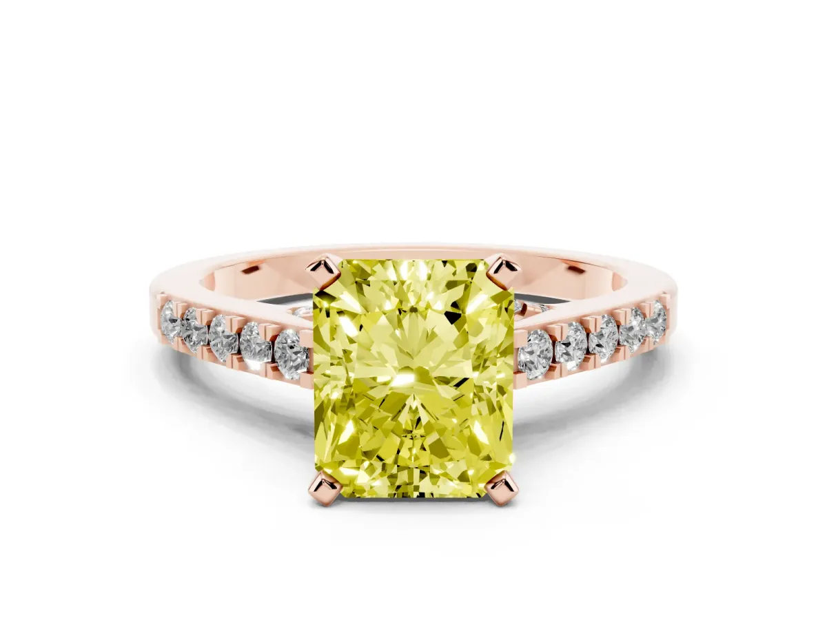Fancy Yellow Radiant Cut Diamond Solitaire Ring with Crossover Gallery and Round Pavé Band Rose gold