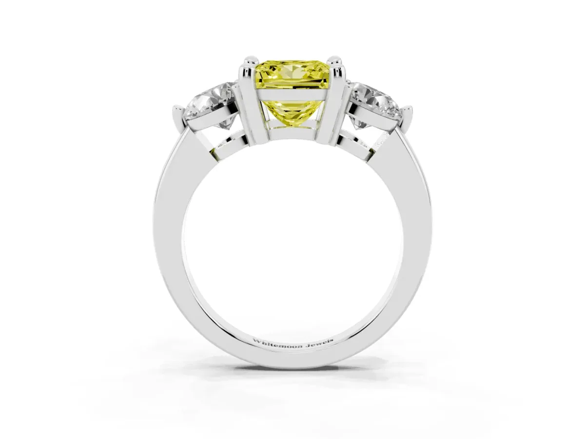 Fancy Yellow Three-Stone Princess Cut Brilliant Cut Solitaire Ring with Prong Setting on a Classic Band Silver