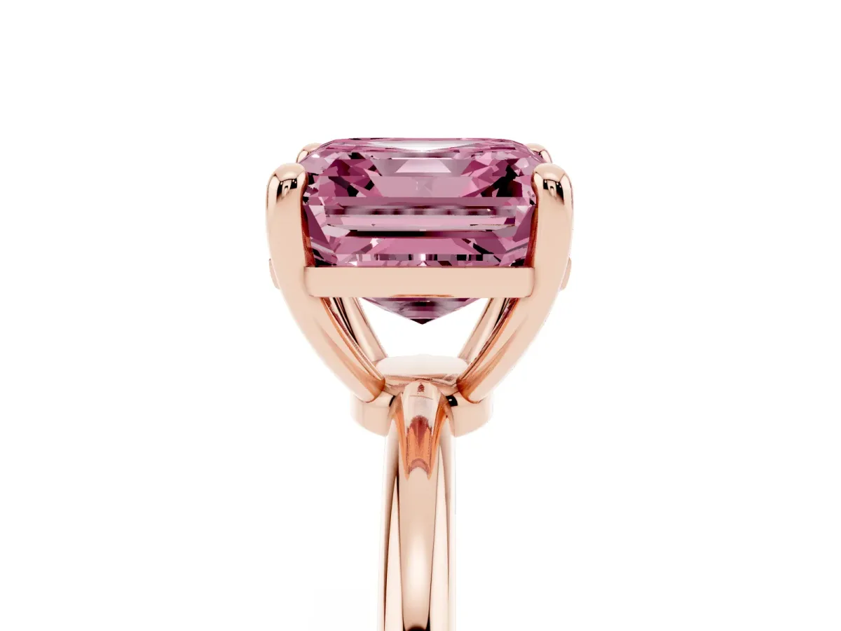 Fancy Pink Asscher Cut Solitaire Diamond Ring with 4-Prong Setting on a Classic Band Rose gold