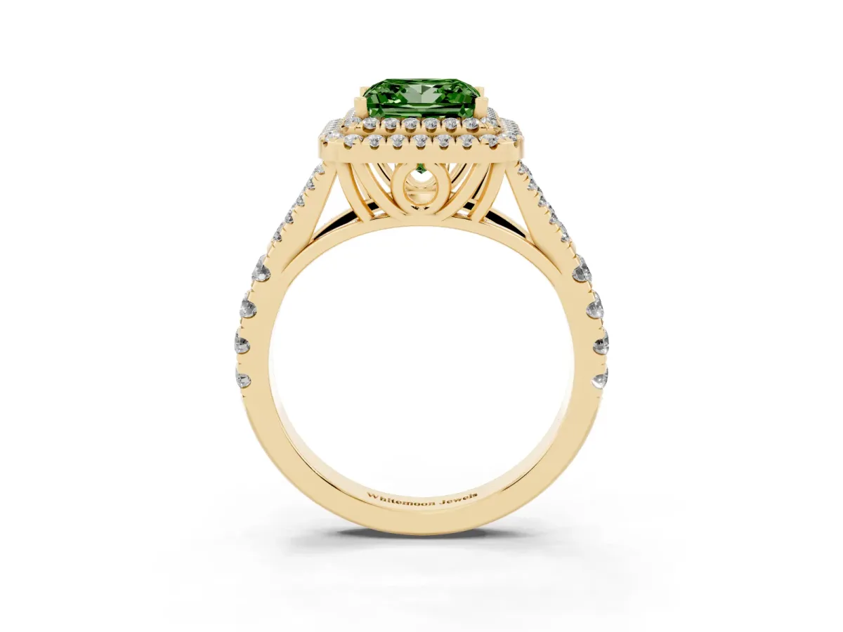 Fancy Green Princess Cut Diamond Double Halo Ring with Split Shank and Prong Setting Yellow gold