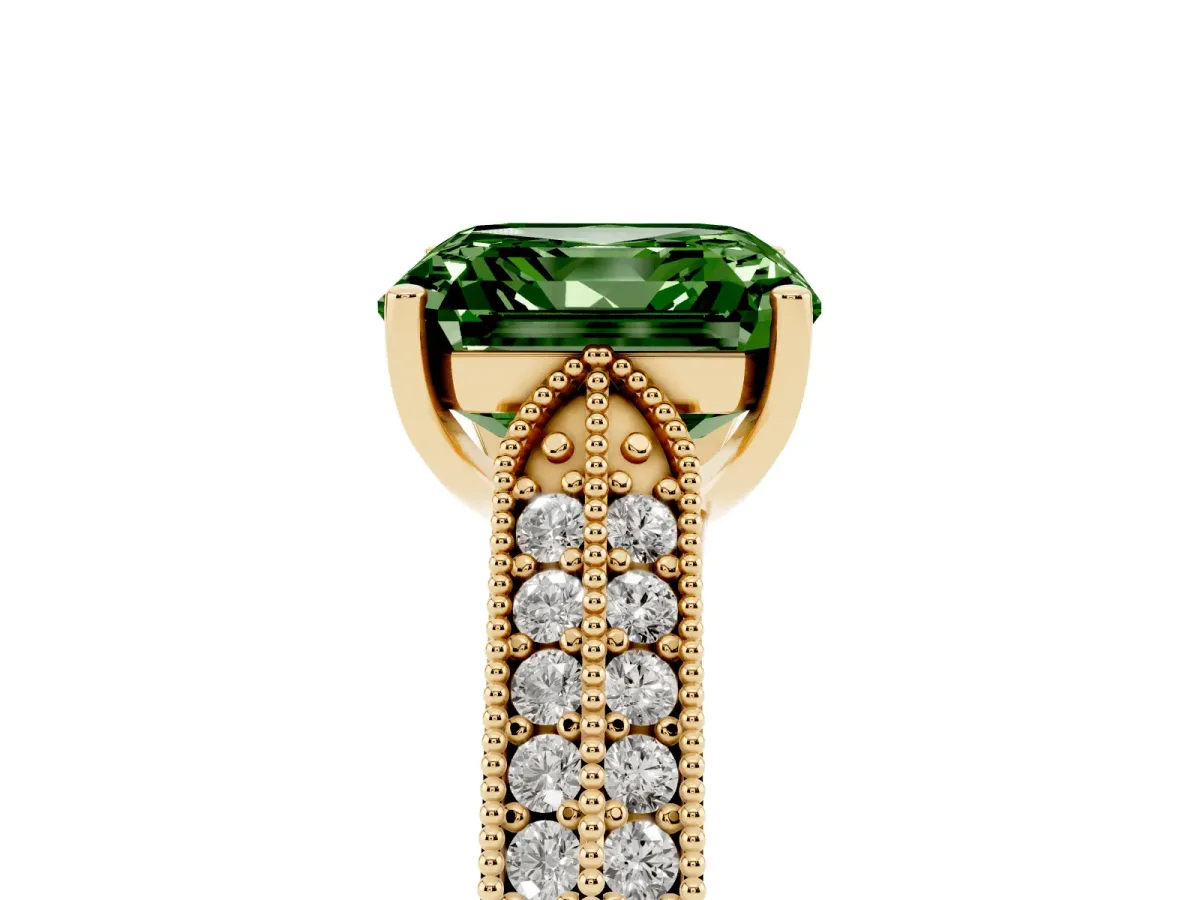 Fancy Green Asscher Cut Cut Pave Split Shank Engagement Ring with Four-Prong Setting Yellow gold
