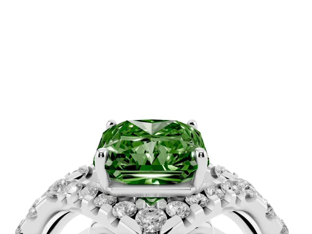 Fancy Green Radiant Cut Diamond Solitaire Ring with Hidden Halo and Pavé Band White gold