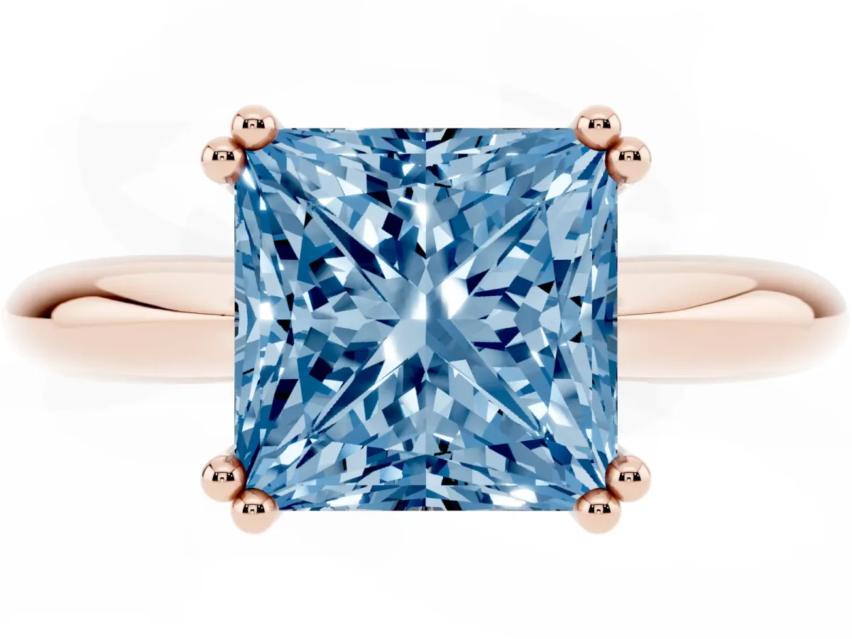 Fancy Blue Princess Cut Cut Solitaire Engagement Ring with Tapered Band and Four-Prong Setting Rose gold