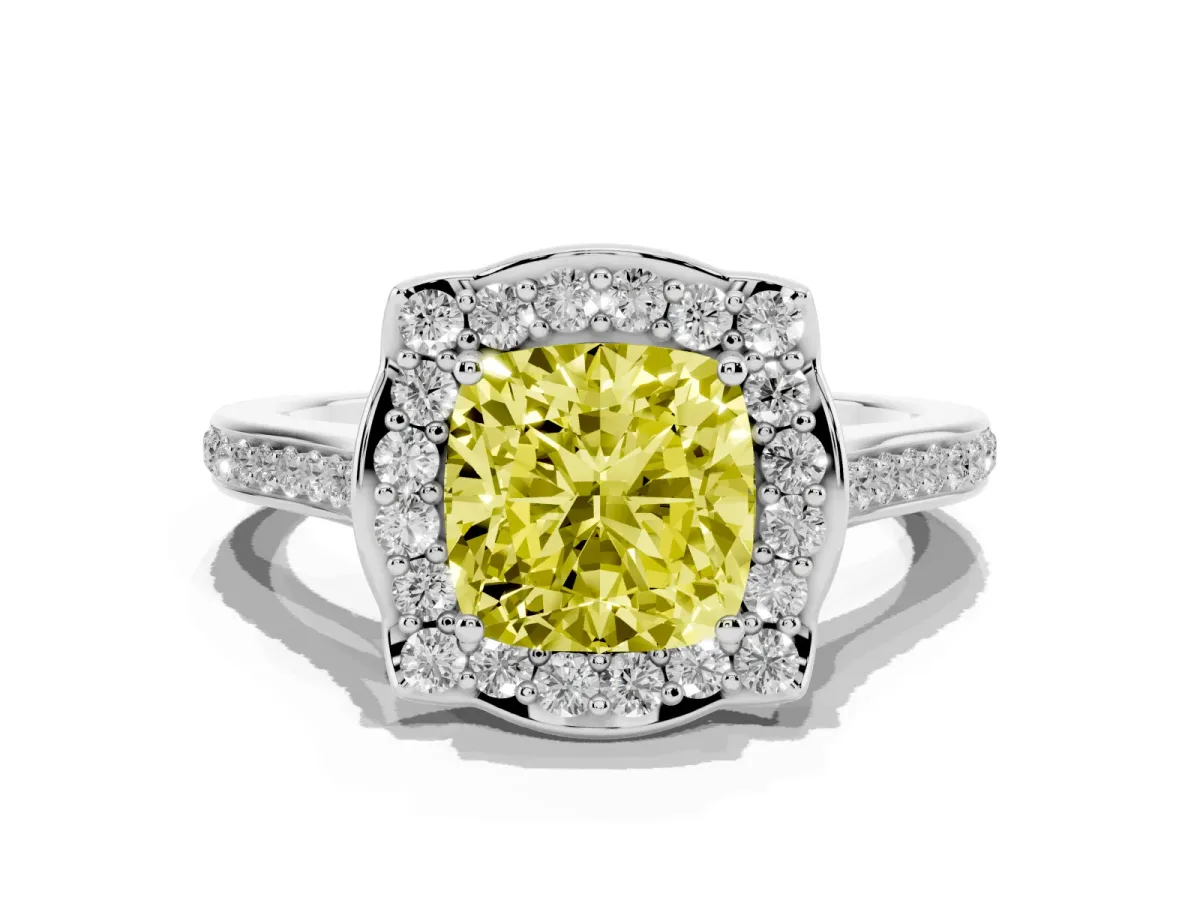 Fancy Yellow Cushion Cut Halo Round Diamond Pave Band with Four-Prong Setting Silver