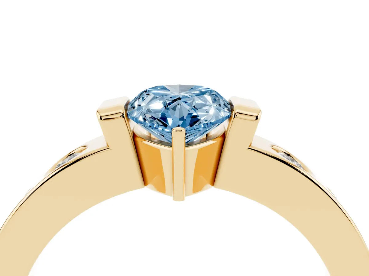 Fancy Blue Pear Cut Brilliant Channel-Set Diamond Ring with Bezel Prong Setting Yellow gold
