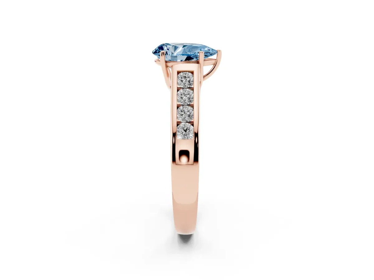 Fancy Blue Pear Cut Brilliant Channel-Set Solitaire Ring with Four-Prong Setting Rose gold