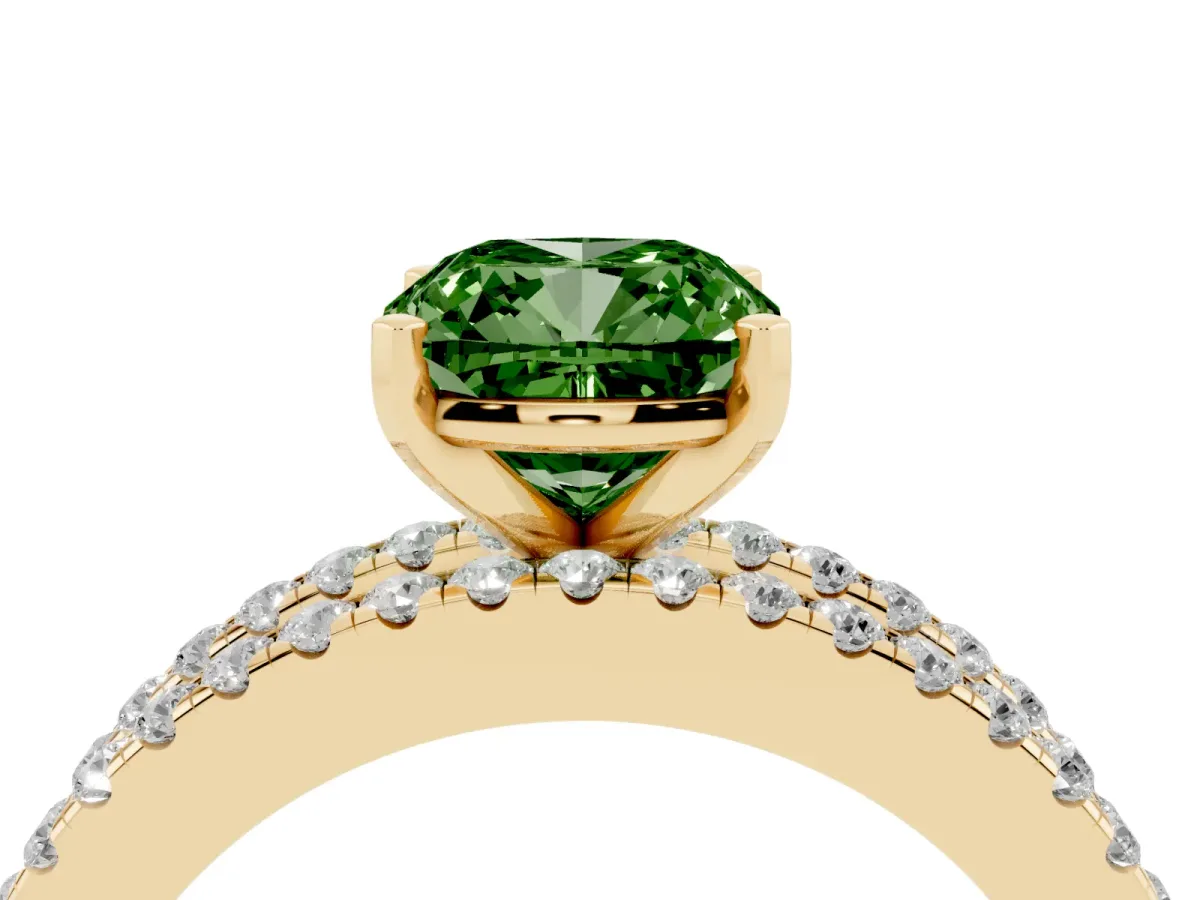 Fancy Green Cushion Cut Diamond Solitaire Ring with Pavé and Channel Set Band Yellow gold