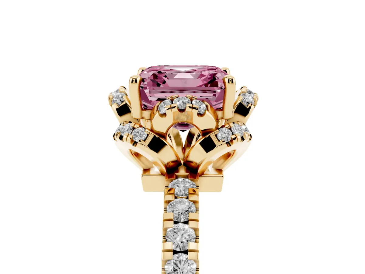 Fancy Pink Asscher Cut Diamond Halo Pave Band with Four-Prong Setting Yellow gold