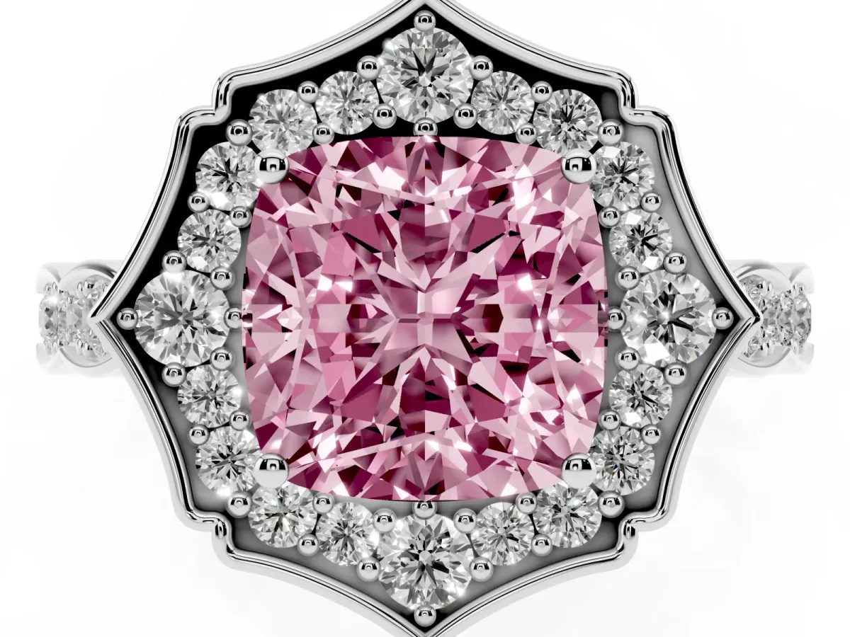 Fancy Pink Cushion Cut Halo Diamond Engagement Ring with Milgrain Band and Four-Prong Setting Silver