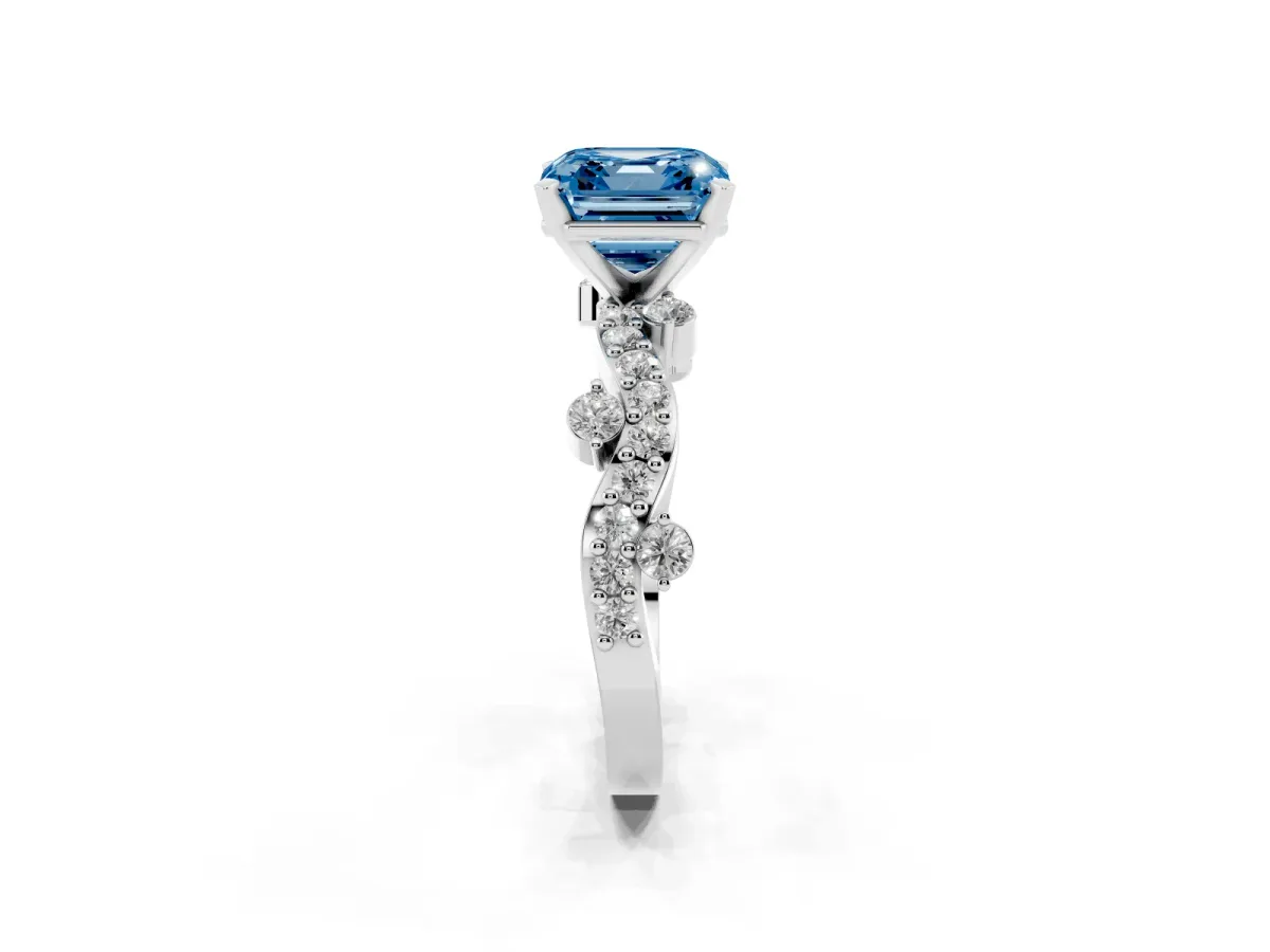 Fancy Blue Asscher Cut Cut Solitaire Diamond Twisted Band with Pave Setting Silver