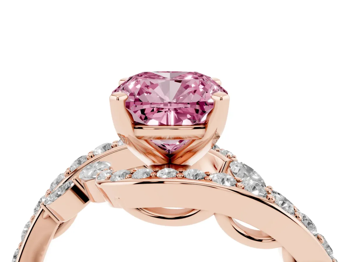 Fancy Pink Cushion Cut Solitaire with Pavé Twist Band and Four-Prong Setting Rose gold
