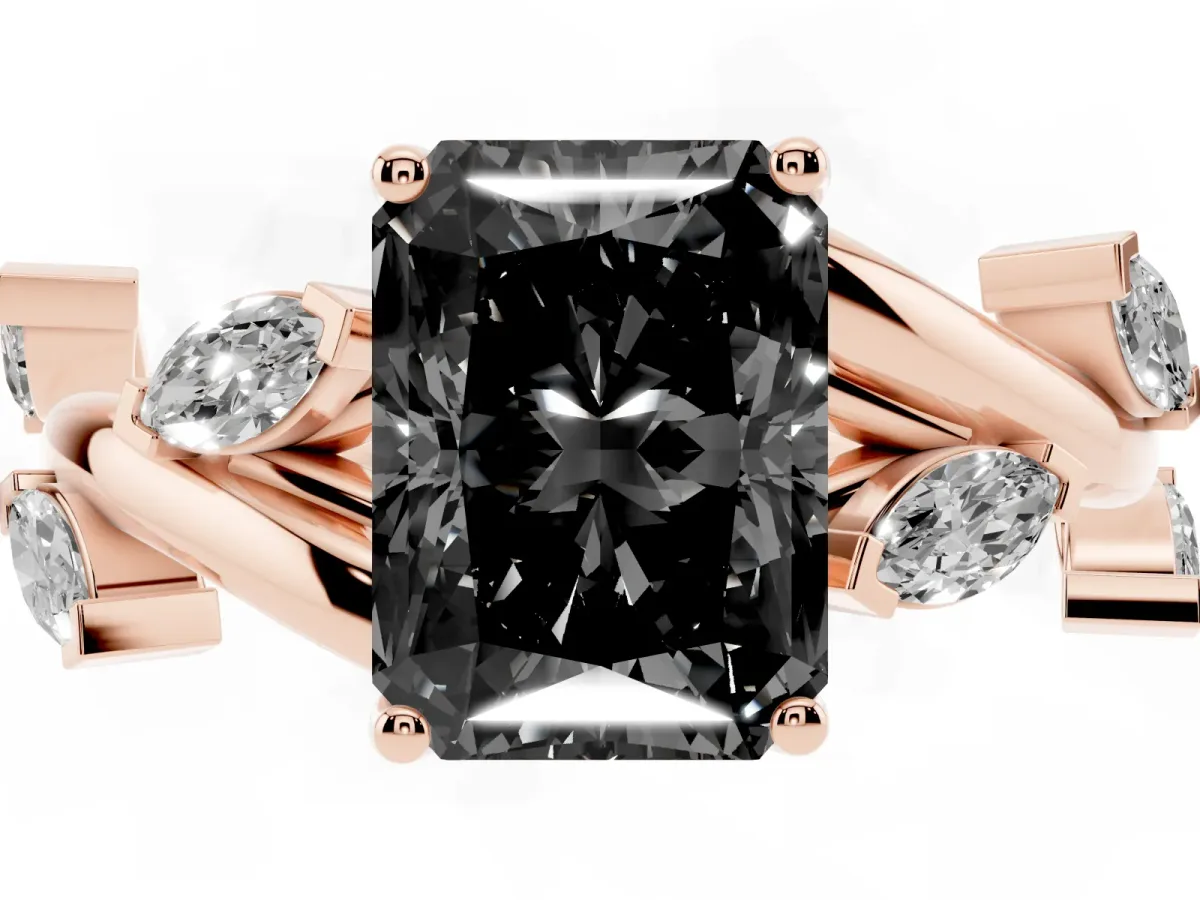 Fancy Black Radiant Cut Solitaire Twisted Band Marquise Accent Prong Setting Ring Rose gold