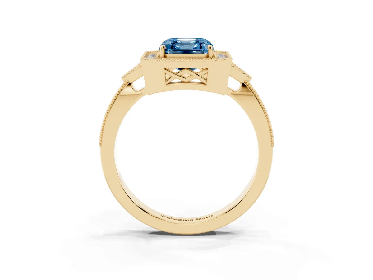 Fancy Blue Asscher Cut Halo Round Diamond Milgrain Pave Engagement Ring Yellow gold
