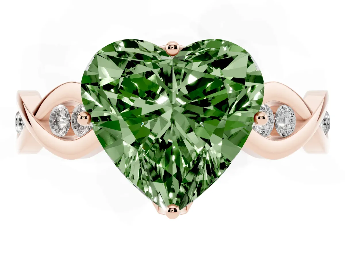 Fancy Green Heart Cut Solitaire Twist Band with Leaf Prong Setting Rose gold