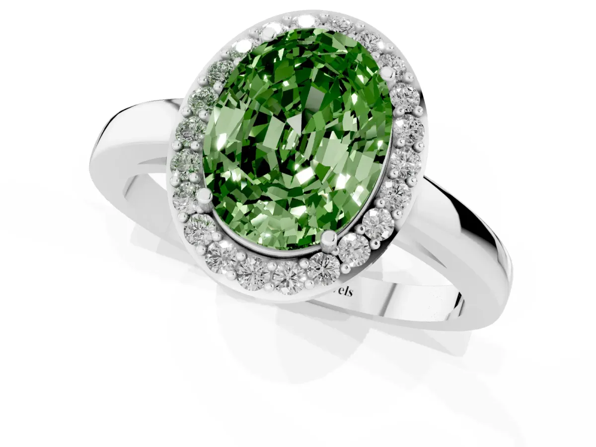 Fancy Green Oval Cut Halo Diamond Ring with Solitaire Band and Prong Setting Silver