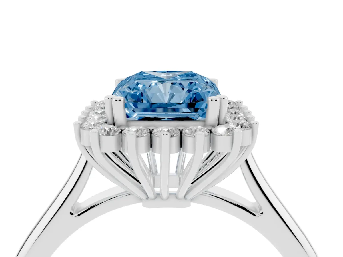 Fancy Blue Radiant Cut Cut Diamond Halo Ring with Solitaire Band and Prong Setting White gold