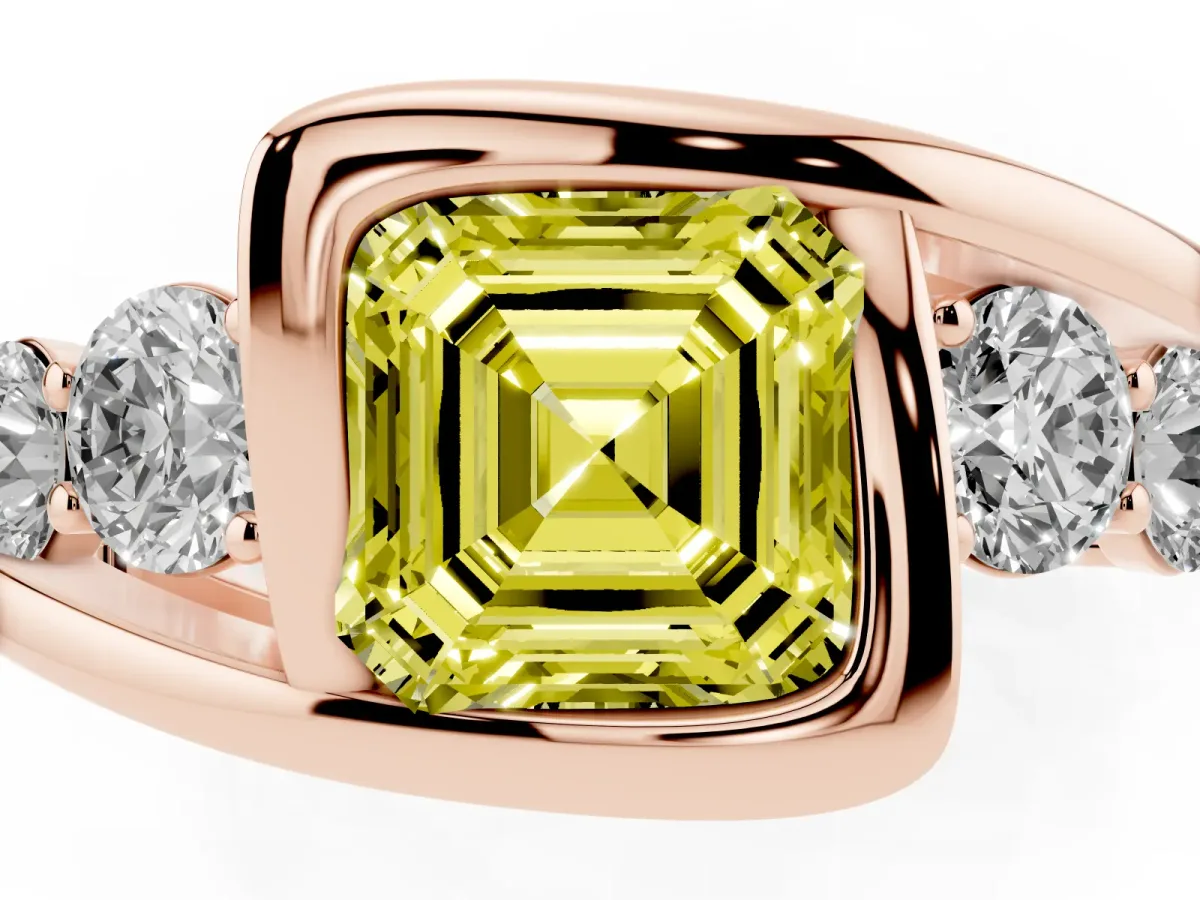 Fancy Yellow Bezel Set Asscher Cut Diamond Bypass Ring with Round Accents Rose gold