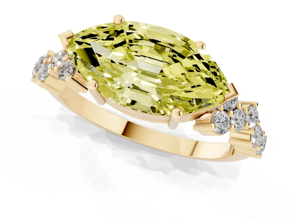 Fancy Yellow Marquise Cut Diamond Scattered Round Accent Ring with Prong Setting Yellow gold