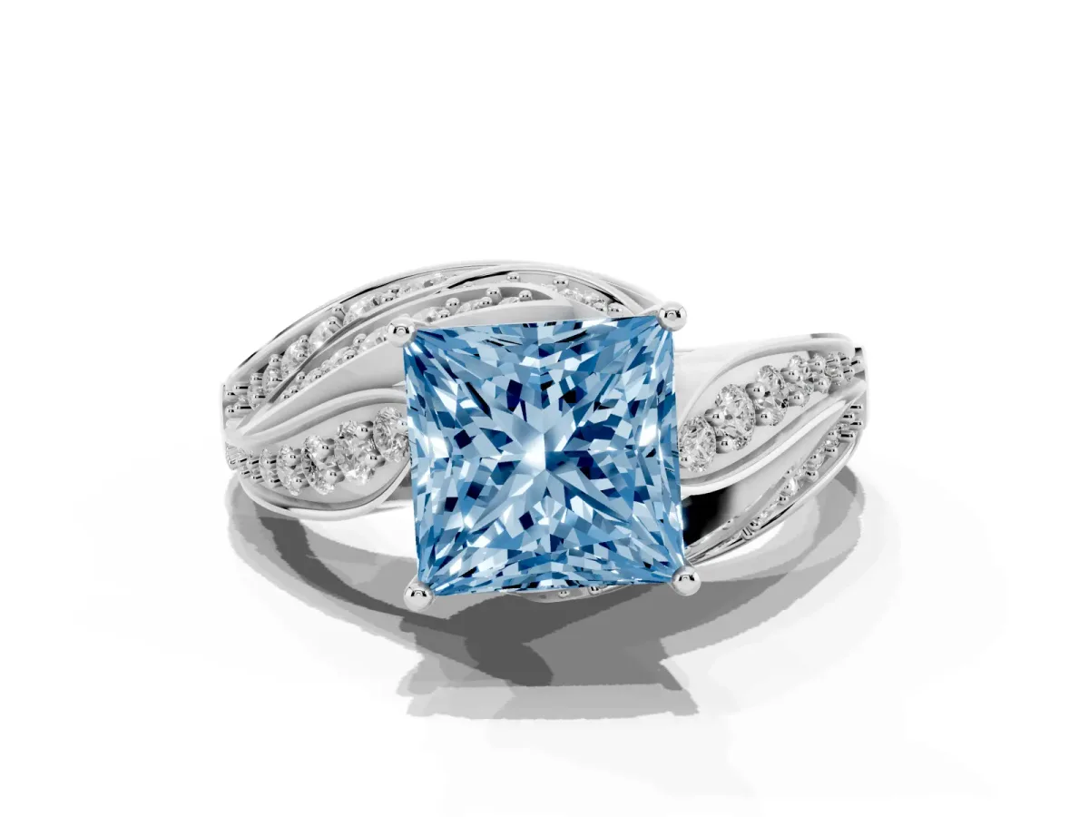Fancy Blue Princess Cut Diamond Solitaire Ring with Prong Setting and Twisted Pavé Band Silver