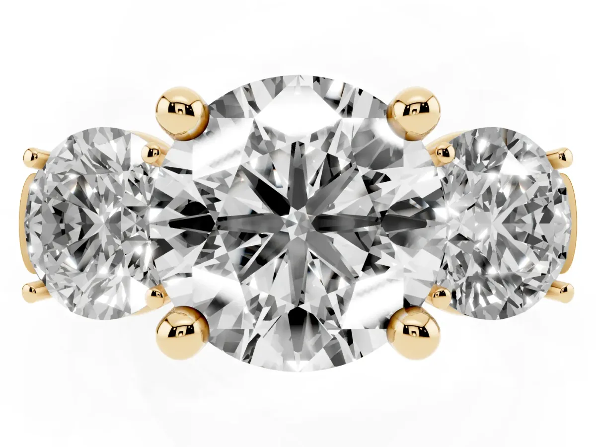 Three-Stone Round Cut Brilliant Diamond Trellis Ring with Comfort Fit Band Yellow gold