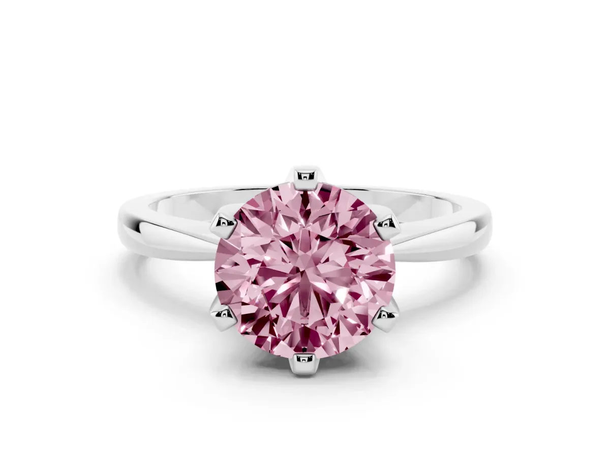 Fancy Pink Round Cut Solitaire Engagement Ring with Six-Prong Setting and Tapered Band Platinum
