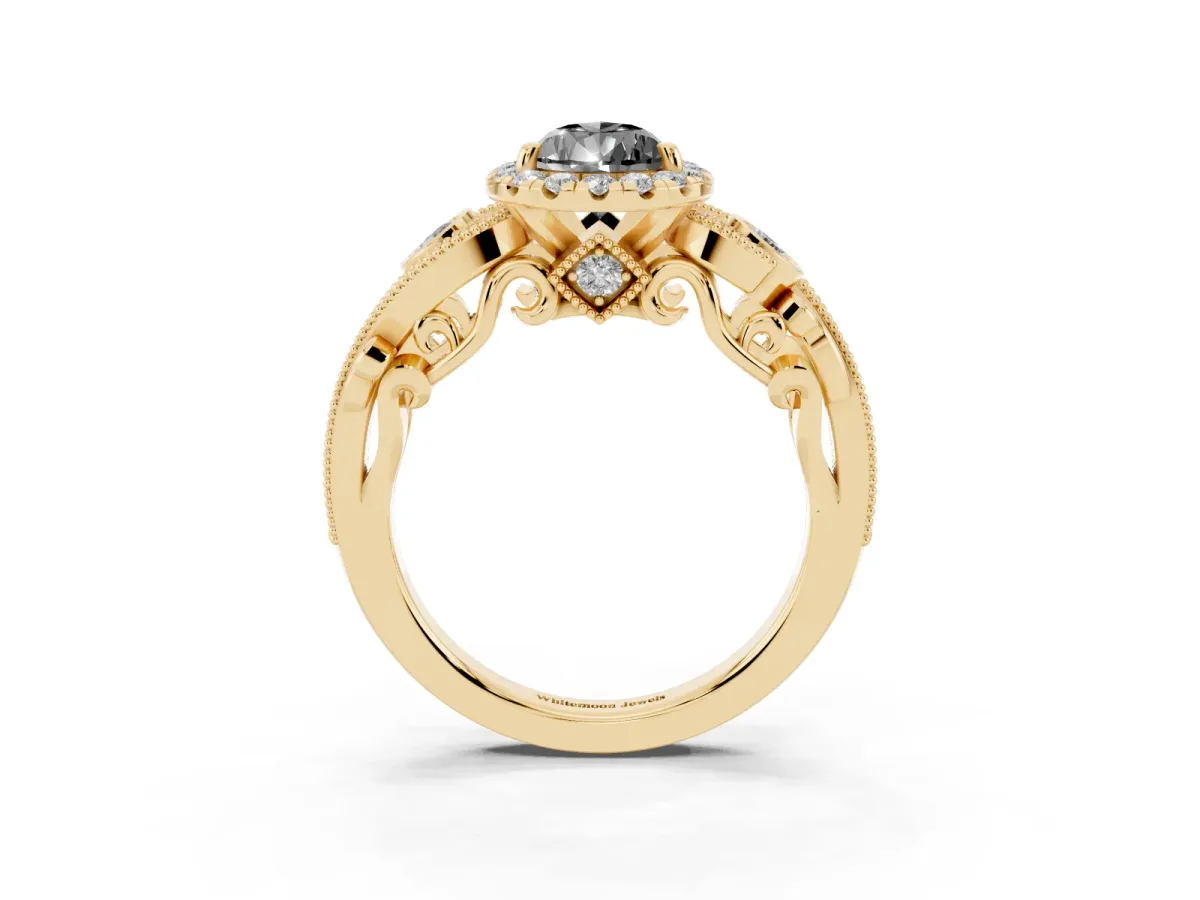 Fancy Black Pear Cut Halo Diamond Ring with Milgrain and Bezel Accents on a Split Shank Band Yellow gold