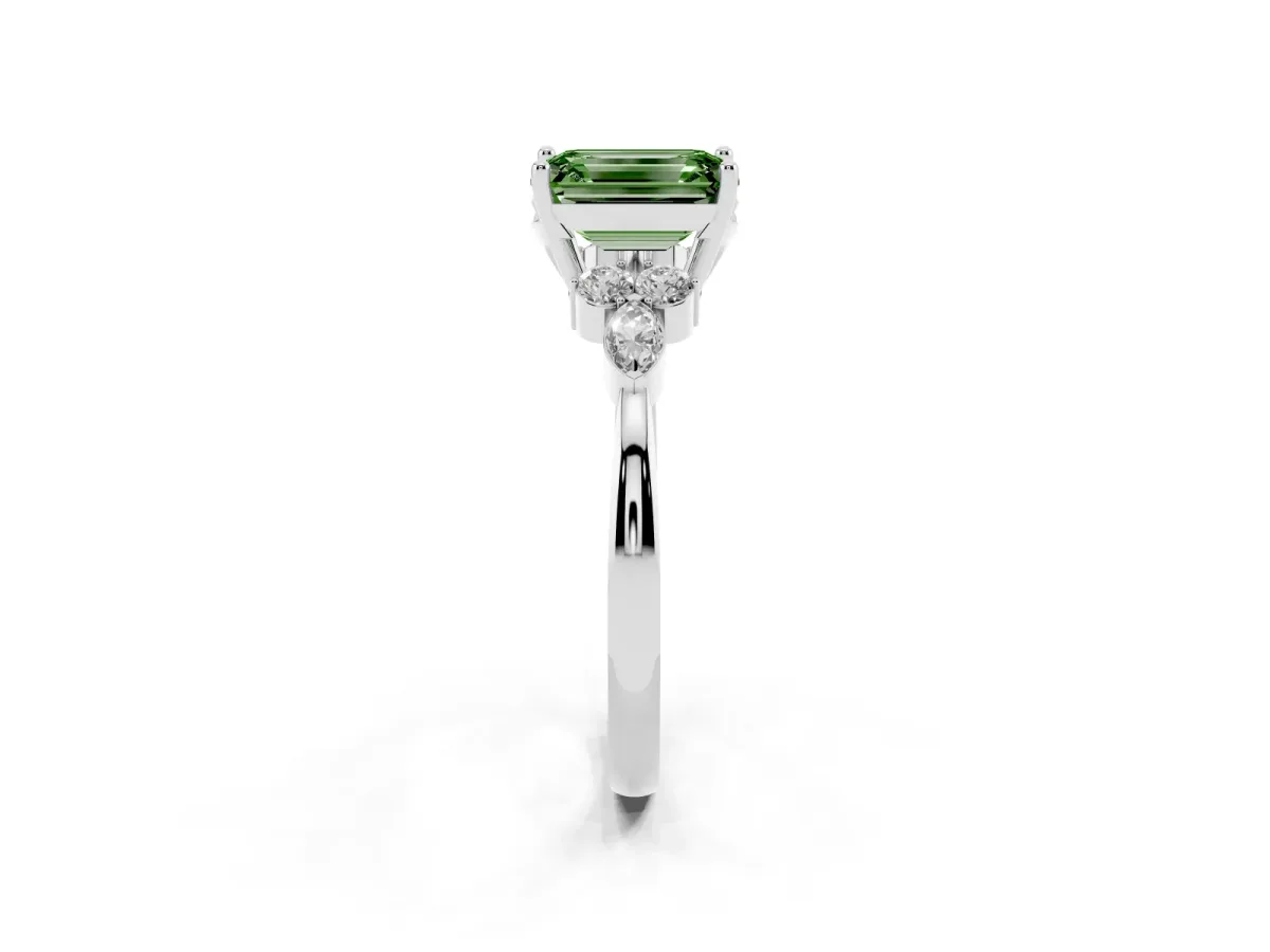 Fancy Green Emerald Cut Brilliant Diamond Solitaire Ring with Pear Side Stones and Four-Prong Setting Platinum