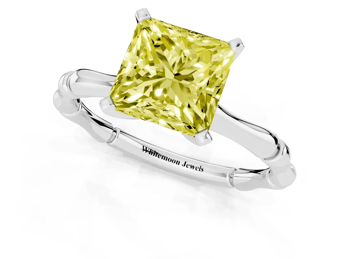 Fancy Yellow Princess Cut Solitaire Diamond Ring with Bamboo Band and Four-Prong Setting Silver