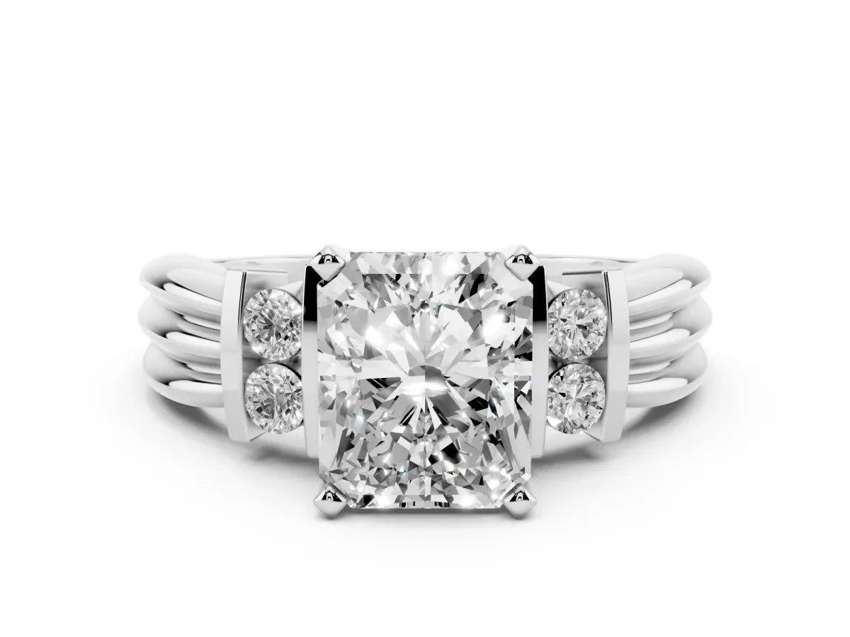 Radiant Cut Cut Three-Stone Channel Set Ring with Bar Prongs Silver