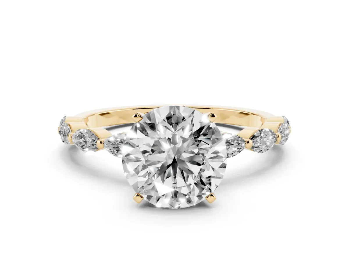 Round Cut Diamond Ring with Marquise Side Stones and Prong Setting Yellow gold
