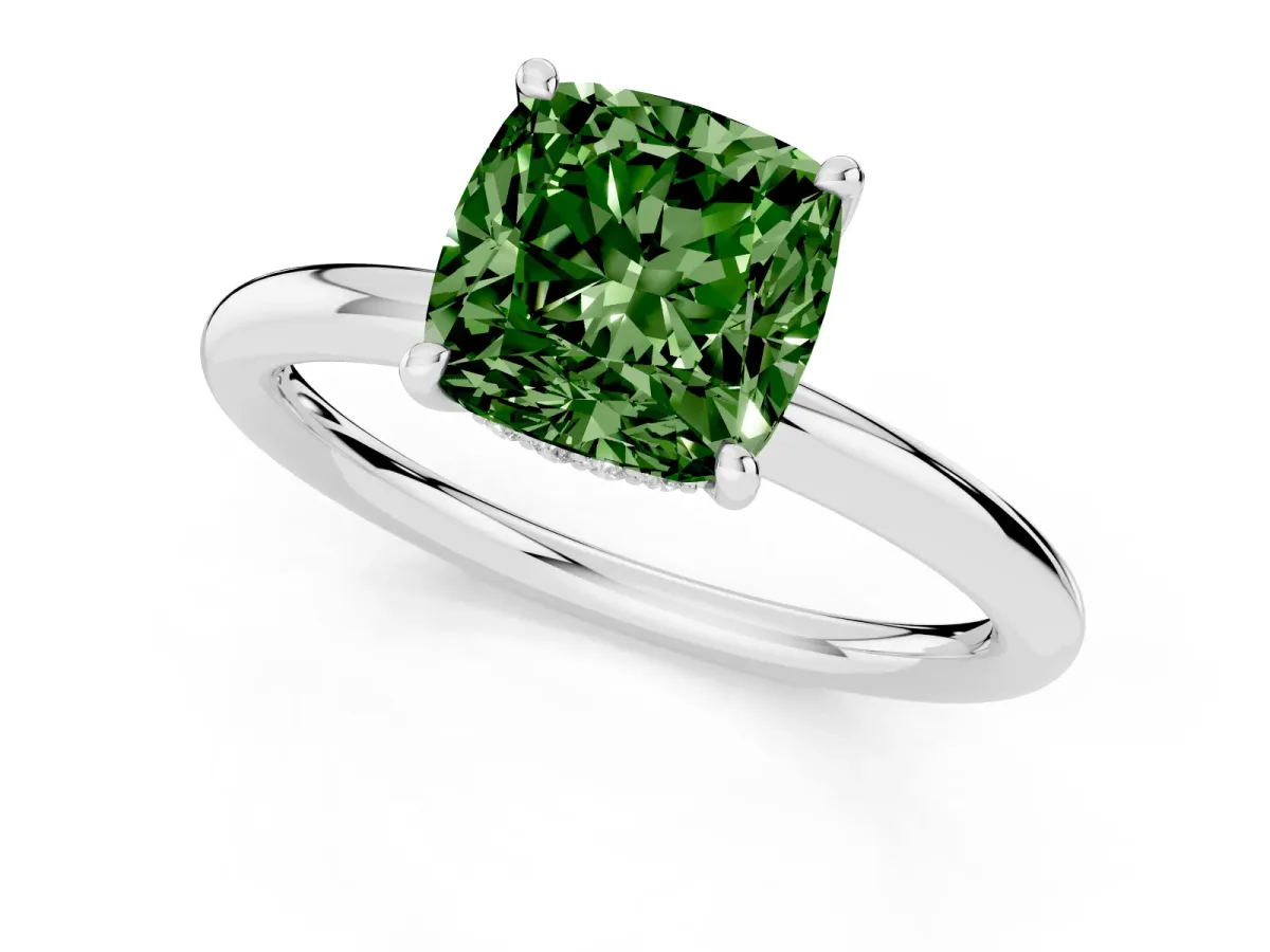 Fancy Green Cushion Cut Diamond Solitaire Ring with Thin Band and Four-Prong Setting Silver