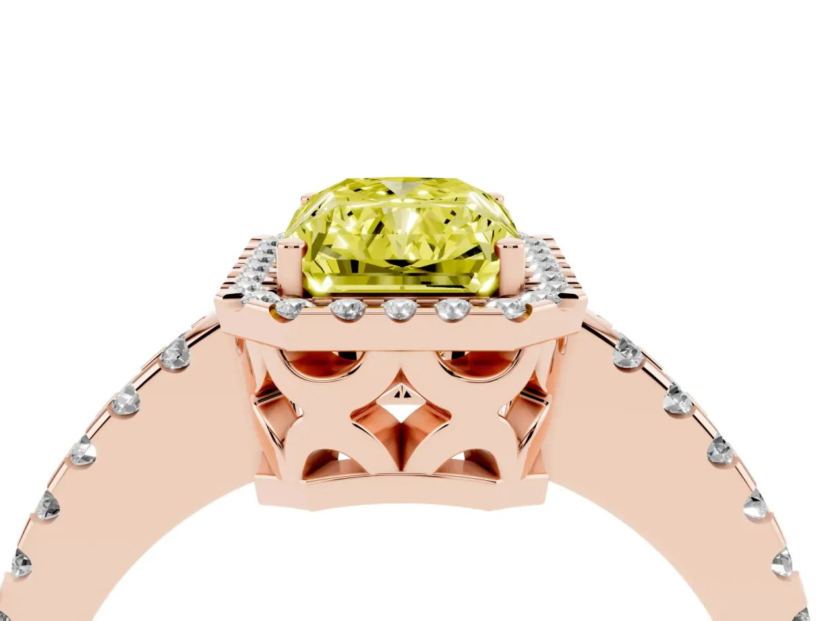 Fancy Yellow Radiant Cut Diamond Halo Engagement Ring with Pavé Band and Prong Setting Rose gold