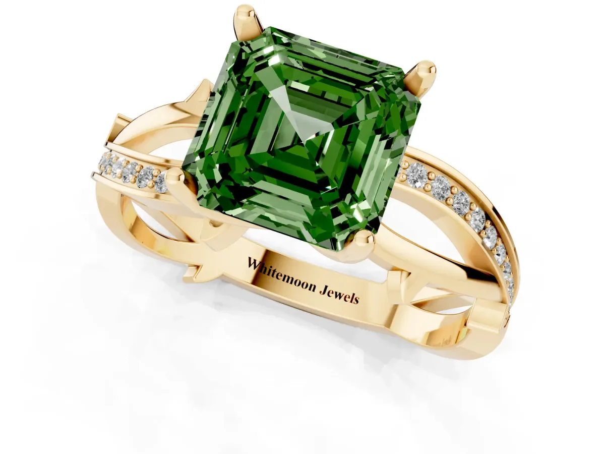 Fancy Green Asscher Cut Solitaire Twist Band with Pavé Accents and Four-Prong Setting Yellow gold