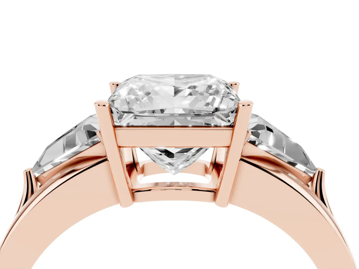 Three-Stone Princess Cut Cut Diamond Ring with Trillion Side Stones on a Split Shank Band Rose gold