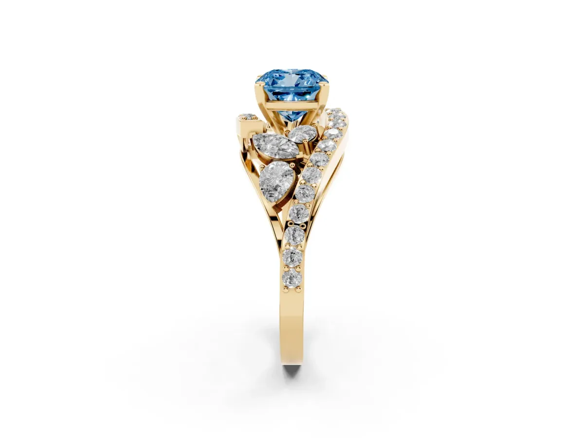 Fancy Blue Cushion Cut Diamond Halo Ring with Marquise and Pavé Band in Prong Setting Yellow gold