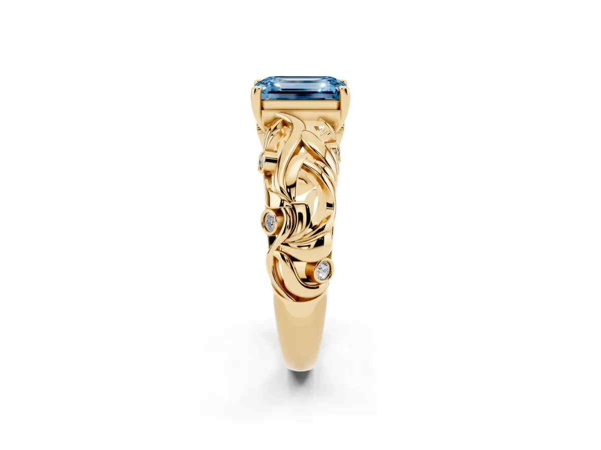 Fancy Blue Emerald Cut Solitaire Diamond Leaf-Inspired Vine Band Ring with Prong Setting Yellow gold
