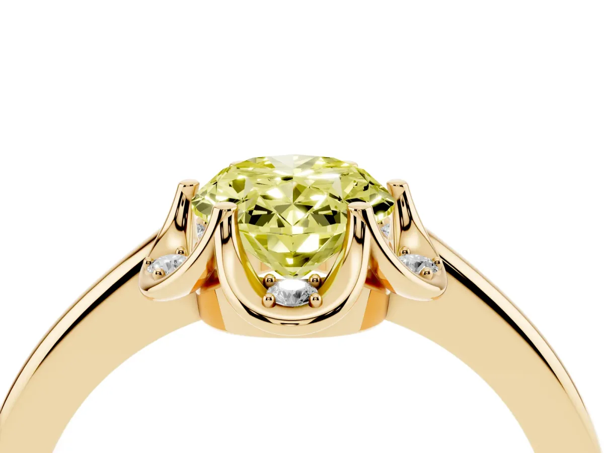 Fancy Yellow Oval Cut Halo Diamond Ring with Round Cluster Setting, Solitaire Band, and Four-Prong Setting Yellow gold