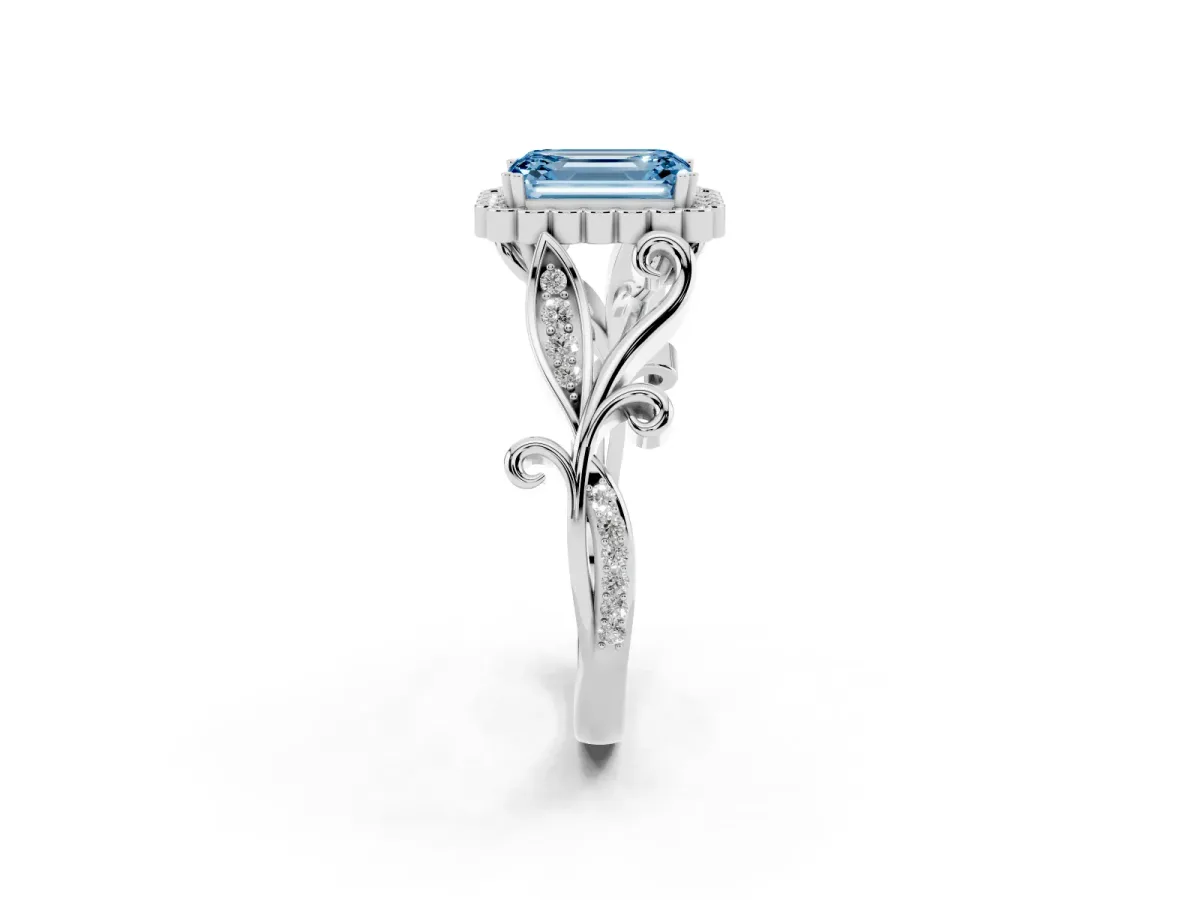 Fancy Blue Emerald Cut Diamond Halo Ring with Vintage Split Shank and Four-Prong Setting Silver