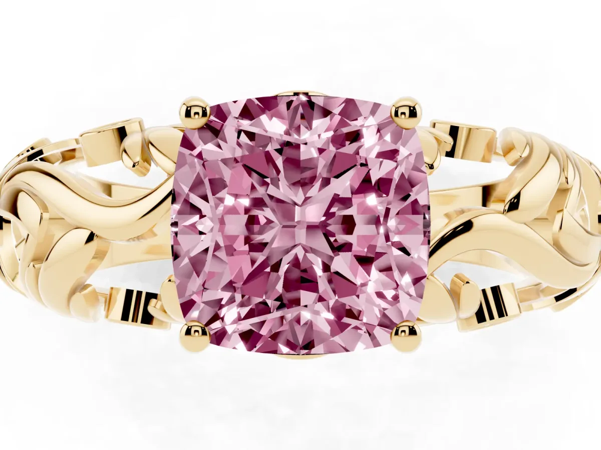 Fancy Pink Cushion Cut Solitaire Diamond Leaf-Inspired Vine Band Ring with Prong Setting Yellow gold