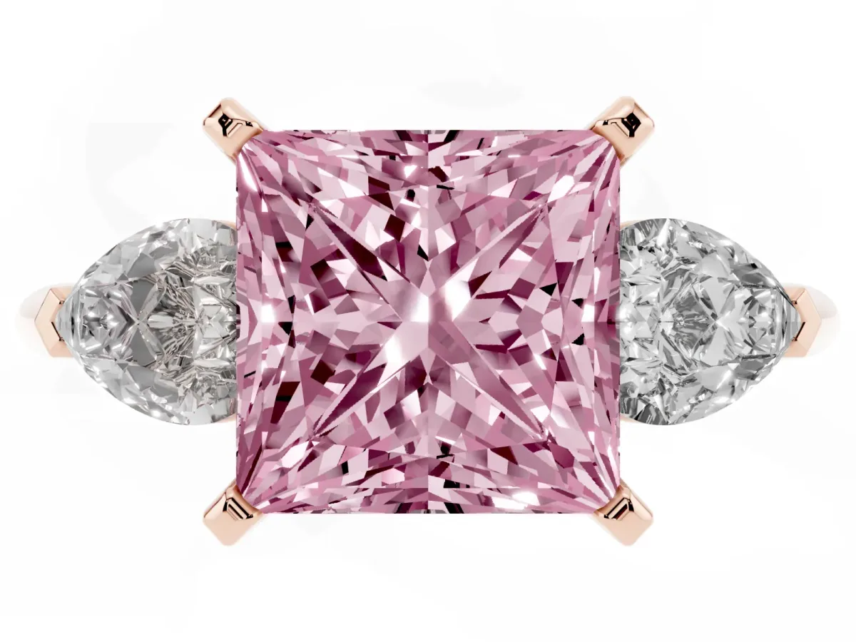 Fancy Pink Three-Stone Princess Cut Diamond Ring with Pear Side Stones and Four-Prong Setting Rose gold