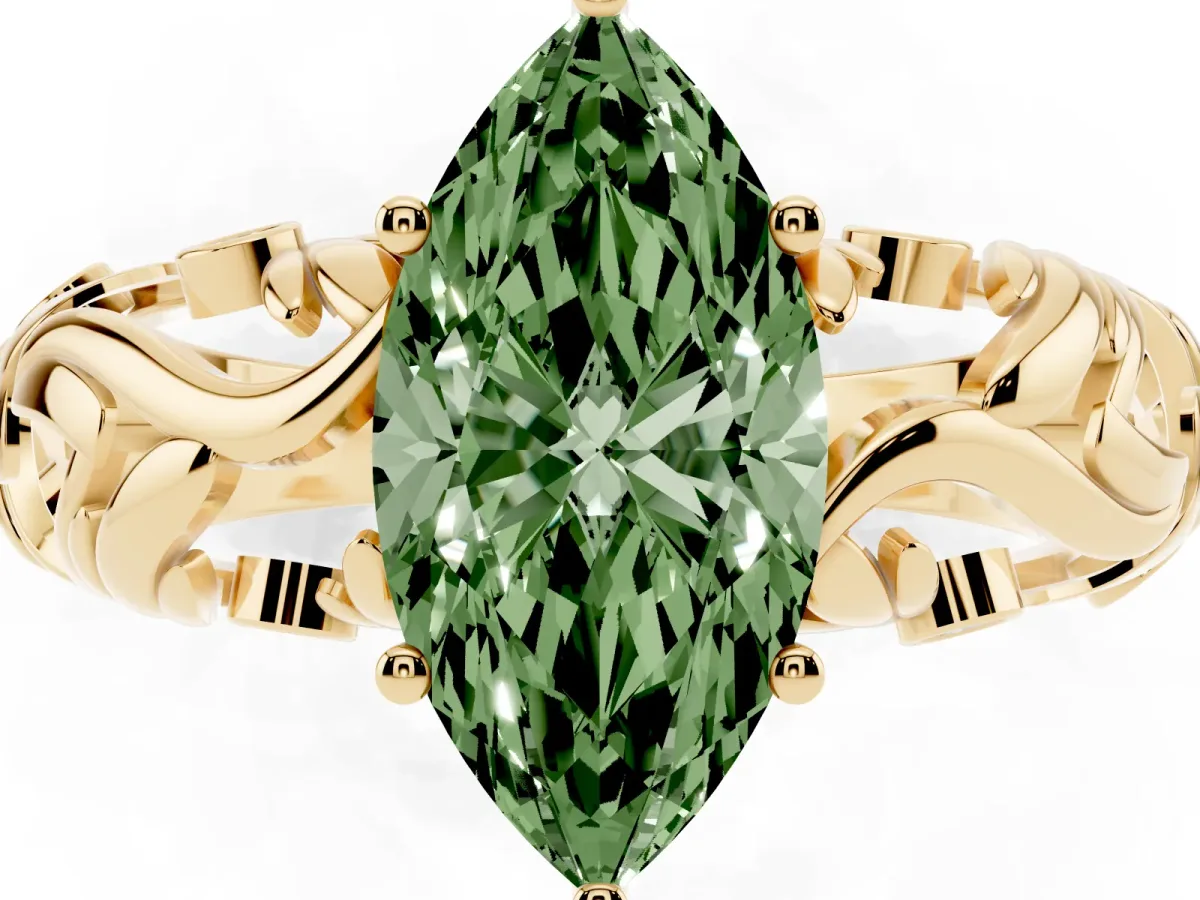 Fancy Green Marquise Cut Solitaire Diamond Leaf-Inspired Vine Band Ring with Prong Setting Yellow gold