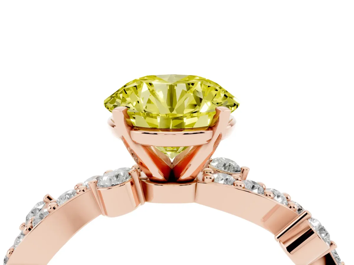 Fancy Yellow Round Cut Cut Solitaire Diamond Twisted Band with Pave Setting Rose gold