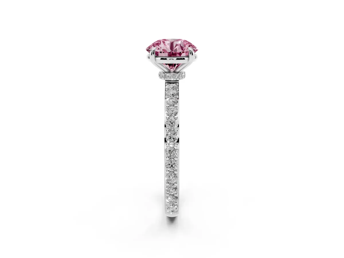 Fancy Pink Round Cut Diamond Pavé Engagement Ring with Round Accents and Prong Setting Silver