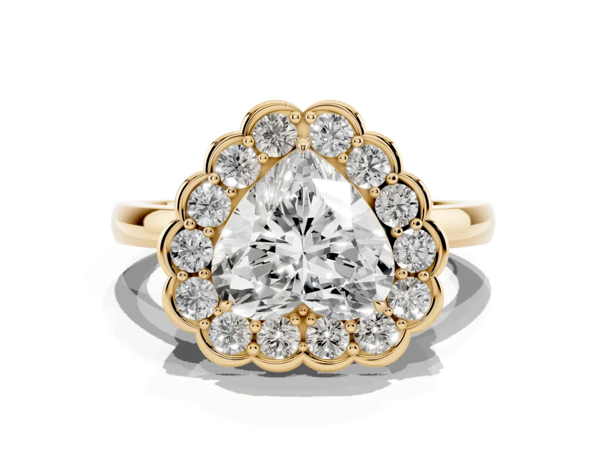 Heart Cut Halo Cluster Diamond Engagement Ring with Solitaire Band and Prong Setting Yellow gold