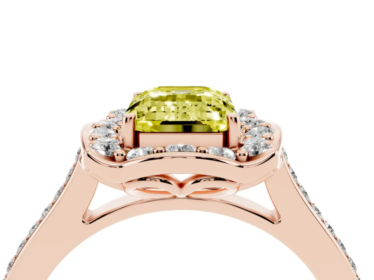 Fancy Yellow Emerald Cut Halo Round Diamond Pave Band with Four-Prong Setting Rose gold