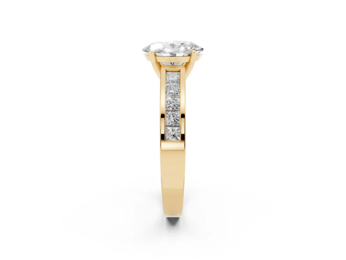 Oval Cut Solitaire Diamond Ring with Channel-Set Band and Four-Prong Setting Yellow gold