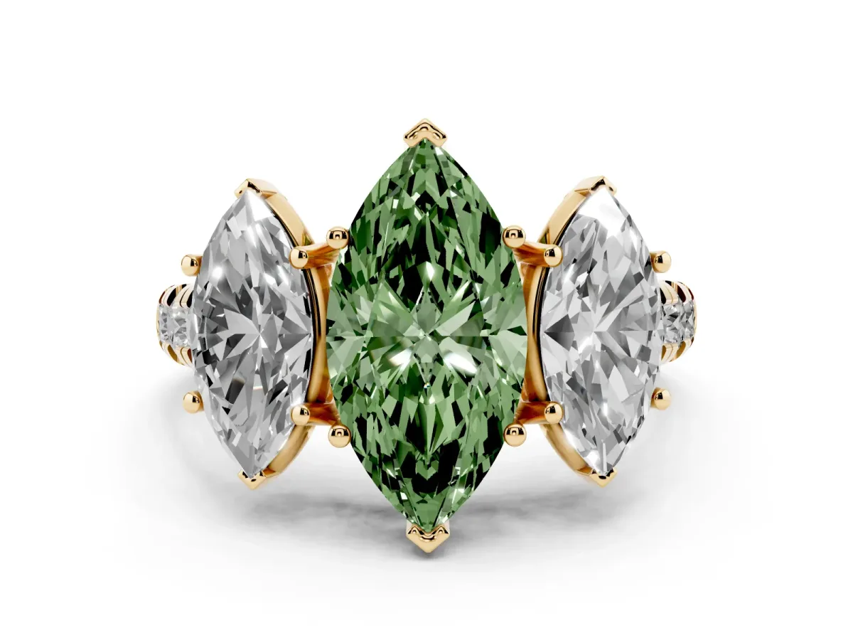 Fancy Green Three-Stone Marquise Cut Diamond Pavé Band with Prong Setting Yellow gold