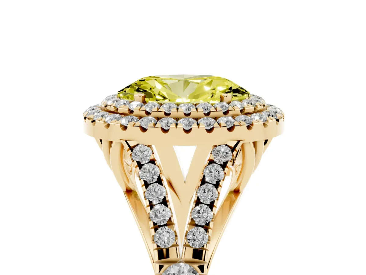 Fancy Yellow Double Halo Oval Cut Diamond Split Shank Engagement Ring with Four-Prong Setting Yellow gold